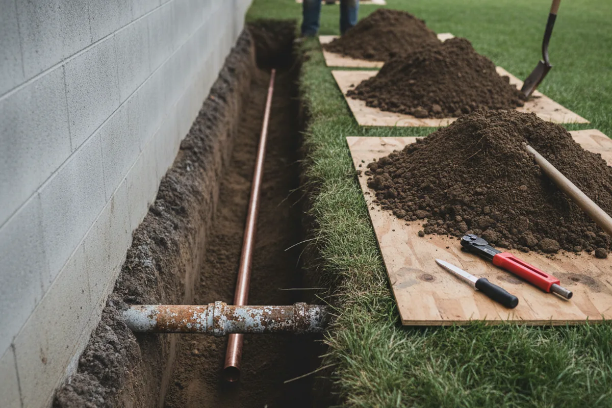Excavated water line trench during Water Softener Installation in San Clemente